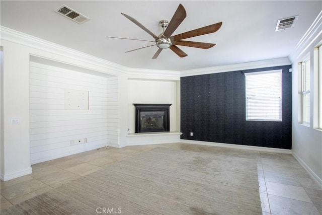 45118 Riverstone Ct, Temecula, CA 92592 - unfurnished living room with crown molding, a ceiling fan, tile patterned floors, and a glass covered fireplace