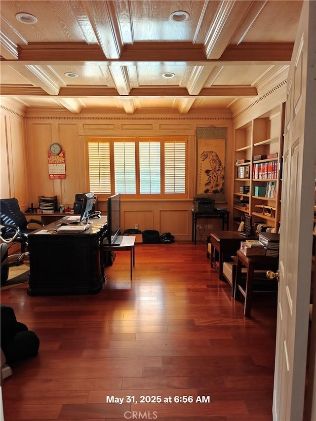 19910 Tennessee Trl, Walnut, CA 91789 - office space with coffered ceiling, ornamental molding, built in shelves, wood finished floors, and beam ceiling
