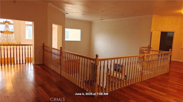 19910 Tennessee Trl, Walnut, CA 91789 - corridor with hardwood / wood-style floors, an upstairs landing, and ornamental molding