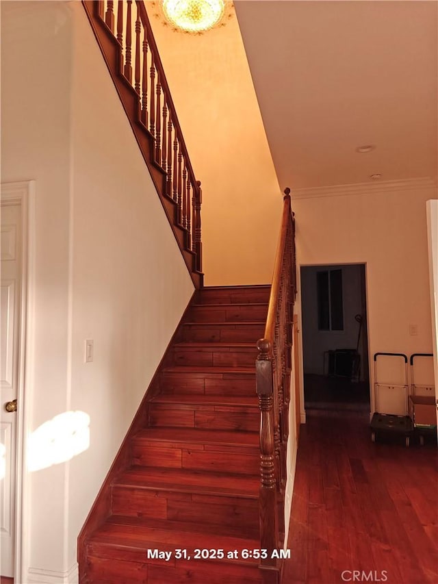 19910 Tennessee Trl, Walnut, CA 91789 - stairs featuring crown molding and hardwood / wood-style floors