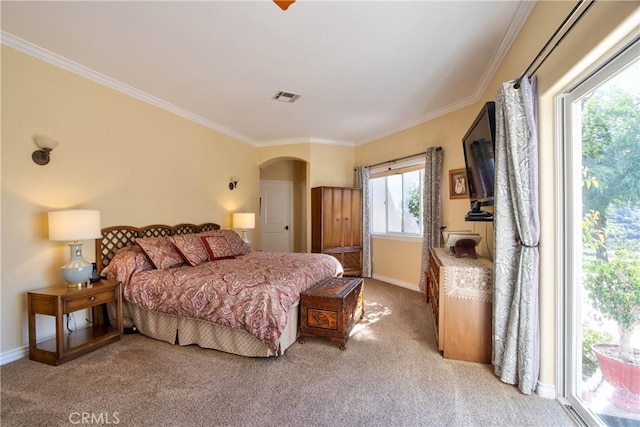 42768 El Calamar Rd, Temecula, CA 92590 - bedroom featuring arched walkways, ornamental molding, and light carpet