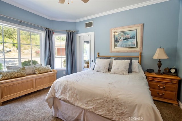 42768 El Calamar Rd, Temecula, CA 92590 - bedroom with carpet, crown molding, and a ceiling fan