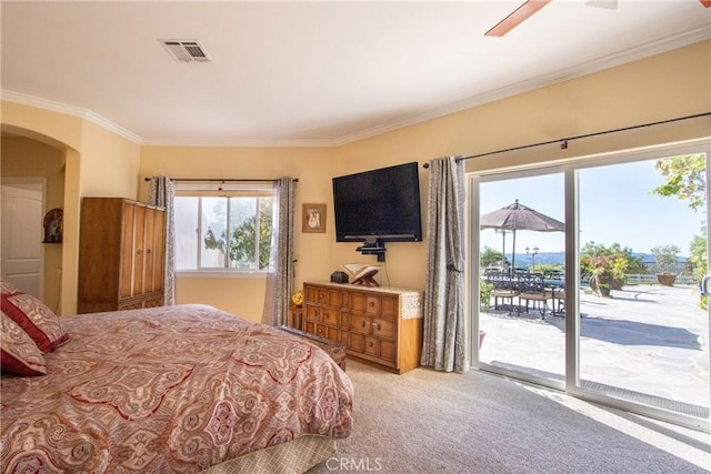 42768 El Calamar Rd, Temecula, CA 92590 - carpeted bedroom with access to exterior, ornamental molding, and arched walkways