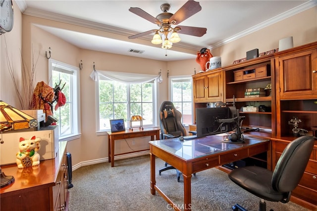 42768 El Calamar Rd, Temecula, CA 92590 - home office featuring light colored carpet, healthy amount of natural light, a ceiling fan, and crown molding