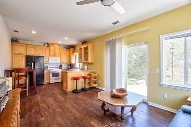 42768 El Calamar Rd, Temecula, CA 92590 - kitchen with white appliances, light brown cabinetry, dark wood-type flooring, glass insert cabinets, and plenty of natural light