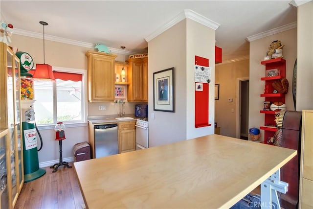 42768 El Calamar Rd, Temecula, CA 92590 - kitchen with open shelves, dishwasher, hardwood / wood-style flooring, pendant lighting, and light countertops