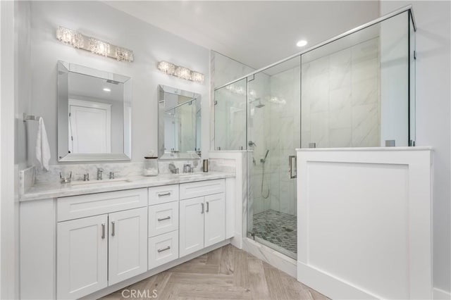 11385 Baskerville Rd, Rossmoor, CA 90720 - bathroom with double vanity, a marble finish shower, and recessed lighting