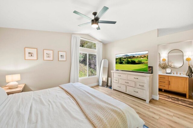 641 Hillhaven Dr, San Marcos, CA 92078 - bedroom featuring lofted ceiling, light wood-style flooring, and ceiling fan