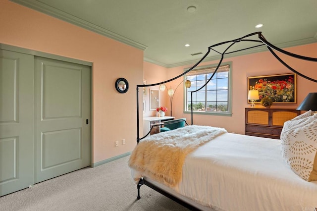 7691 Circulo Sequoia, Carlsbad, CA 92009 - bedroom with ornamental molding, carpet floors, and recessed lighting