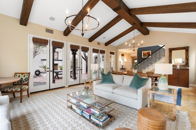 7691 Circulo Sequoia, Carlsbad, CA 92009 - living room with a chandelier, french doors, and stairs