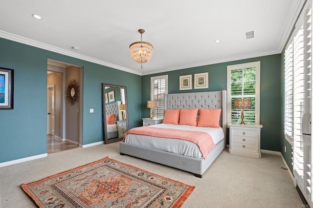 7691 Circulo Sequoia, Carlsbad, CA 92009 - carpeted bedroom featuring a chandelier, ornamental molding, and multiple windows