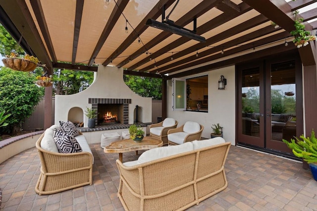7691 Circulo Sequoia, Carlsbad, CA 92009 - view of patio / terrace featuring french doors, a pergola, and an outdoor living space with a fireplace