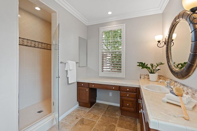 7691 Circulo Sequoia, Carlsbad, CA 92009 - full bath featuring vanity, a stall shower, ornamental molding, stone tile flooring, and recessed lighting