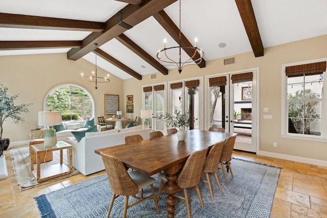 7691 Circulo Sequoia, Carlsbad, CA 92009 - dining area featuring a chandelier, stone tile floors, beamed ceiling, and high vaulted ceiling