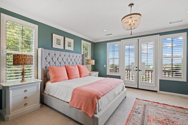7691 Circulo Sequoia, Carlsbad, CA 92009 - bedroom featuring access to exterior, french doors, light carpet, ornamental molding, and a chandelier