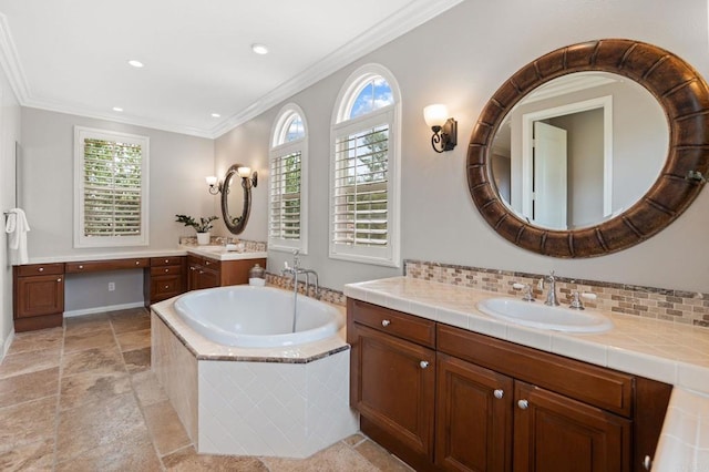 7691 Circulo Sequoia, Carlsbad, CA 92009 - full bath with plenty of natural light, two vanities, a garden tub, ornamental molding, and stone tile flooring
