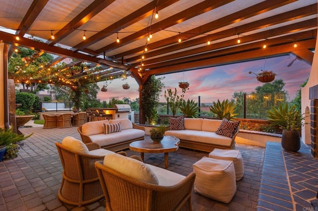 7691 Circulo Sequoia, Carlsbad, CA 92009 - patio terrace at dusk with an outdoor hangout area, area for grilling, a pergola, and a patio area
