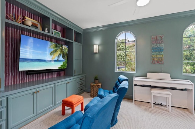 7691 Circulo Sequoia, Carlsbad, CA 92009 - cinema featuring ornamental molding, light carpet, and ceiling fan