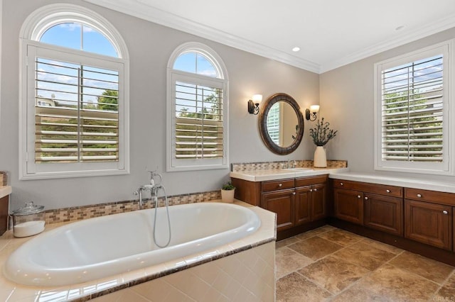 7691 Circulo Sequoia, Carlsbad, CA 92009 - full bath with vanity, a garden tub, and crown molding