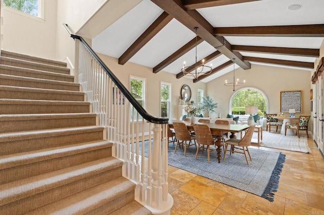 7691 Circulo Sequoia, Carlsbad, CA 92009 - dining space featuring stairway, healthy amount of natural light, stone tile flooring, beam ceiling, and a chandelier