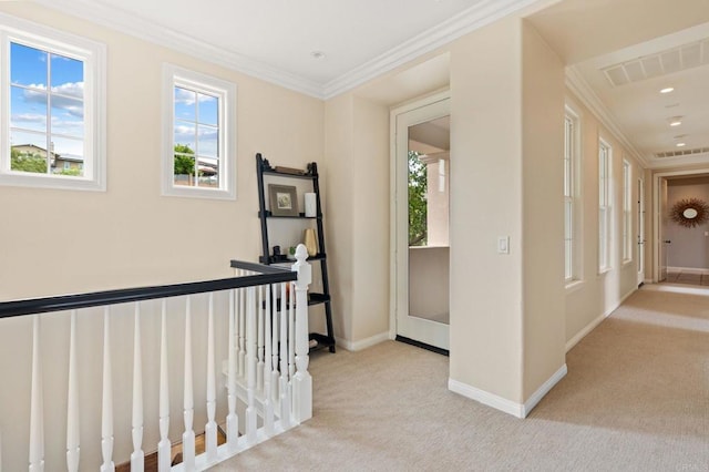 7691 Circulo Sequoia, Carlsbad, CA 92009 - hallway with carpet floors, crown molding, an upstairs landing, and recessed lighting