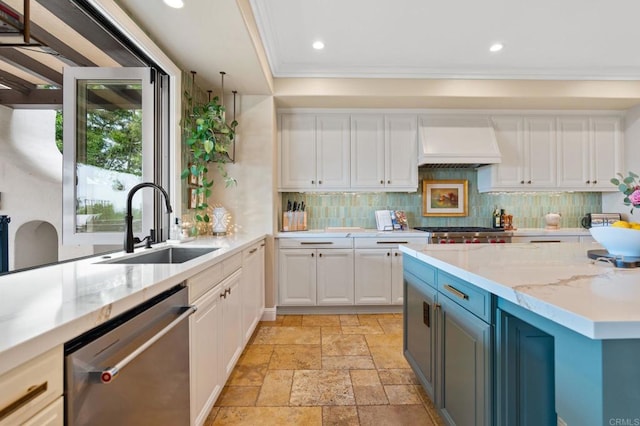 7691 Circulo Sequoia, Carlsbad, CA 92009 - kitchen featuring dishwasher, custom range hood, stone tile floors, tasteful backsplash, and white cabinetry