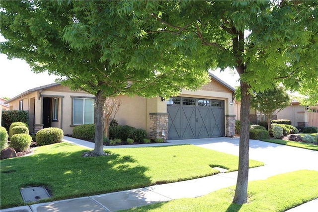 1573 Maple Valley St, Manteca, CA 95336 - obstructed view of property featuring a garage, concrete driveway, stucco siding, and stone siding