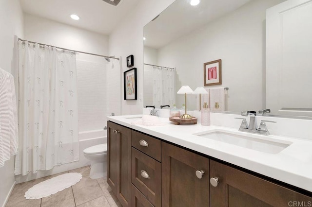 140 Unity Ln, San Marcos, CA 92078 - full bathroom featuring double vanity, shower / tub combo, tile patterned floors, and recessed lighting