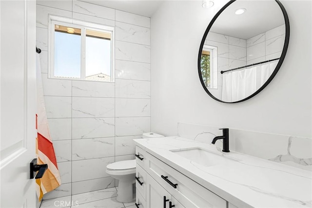 2213 De Mille Rd, Paradise, CA 95969 - bathroom featuring marble finish flooring, vanity, a shower with curtain, and tile walls