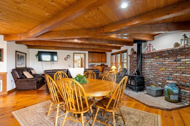2645 Apple Ln, Julian, CA 92036 - dining room featuring a wood stove, light wood-type flooring, recessed lighting, and a wood ceiling with exposed beams