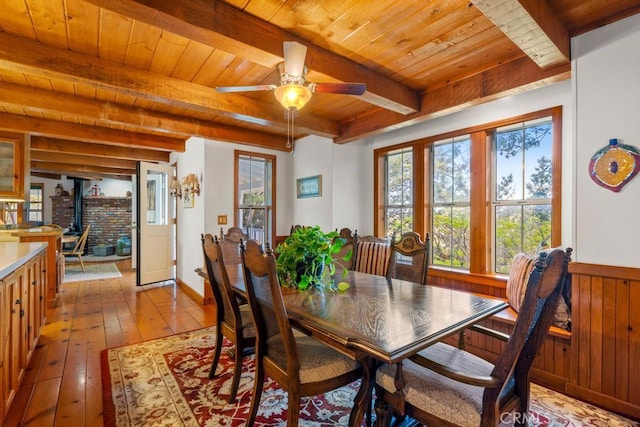 2645 Apple Ln, Julian, CA 92036 - dining area with a wooden ceiling with exposed beams, light wood-type flooring, ceiling fan, and a wainscoted wall