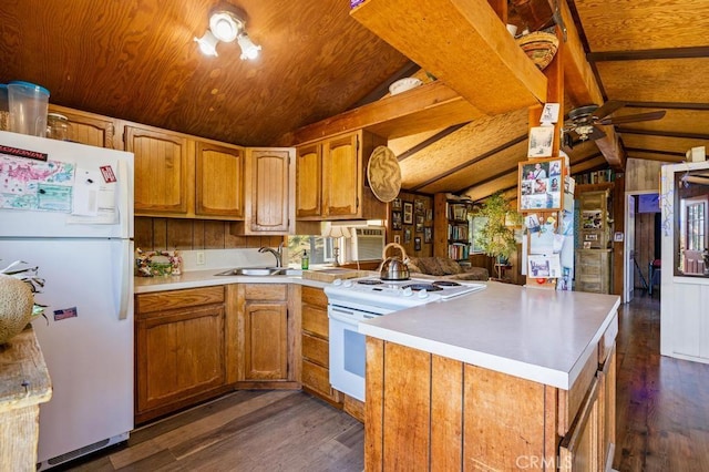 2645 Apple Ln, Julian, CA 92036 - kitchen with white appliances, a peninsula, dark wood-type flooring, light countertops, and a ceiling fan