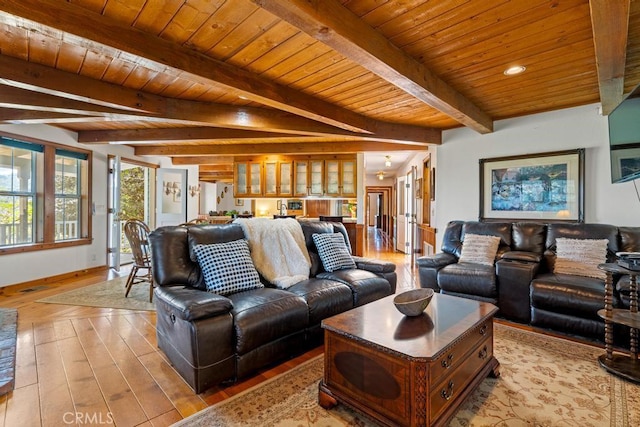 2645 Apple Ln, Julian, CA 92036 - living area featuring a wooden ceiling with exposed beams, light wood-type flooring, and recessed lighting