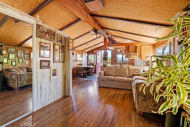 2645 Apple Ln, Julian, CA 92036 - living area with hardwood / wood-style floors, ceiling fan, and wooden walls
