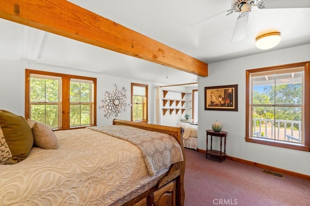 2645 Apple Ln, Julian, CA 92036 - bedroom with carpet floors, multiple windows, beam ceiling, and ceiling fan