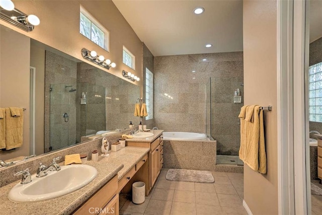 82756 Burnette Dr, Indio, CA 92201 - full bath featuring a stall shower, a bath, double vanity, tile patterned flooring, and recessed lighting