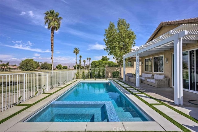 82756 Burnette Dr, Indio, CA 92201 - view of swimming pool featuring a pergola, a fenced backyard, a patio area, a pool with connected hot tub, and outdoor lounge area