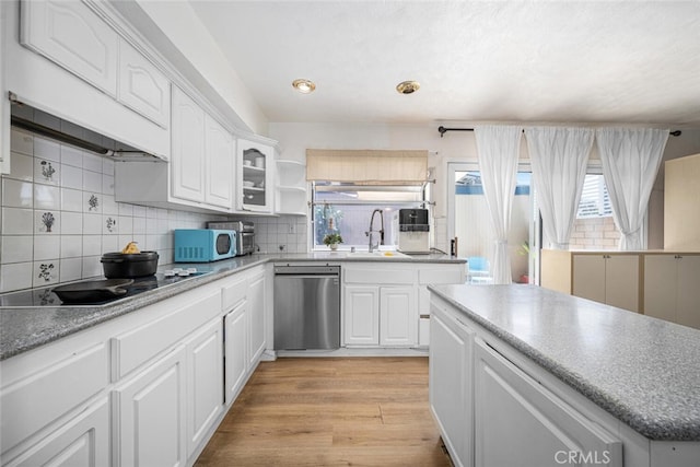 4481 Larwin Ave, Cypress, CA 90630 - kitchen with stainless steel dishwasher, electric cooktop, tasteful backsplash, white cabinetry, and light wood-style flooring
