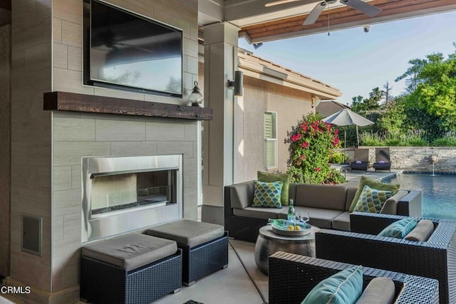 13115 Monarch Palm Ave, Bakersfield, CA 93314 - view of patio featuring an outdoor living space with a fireplace, a ceiling fan, and an outdoor pool