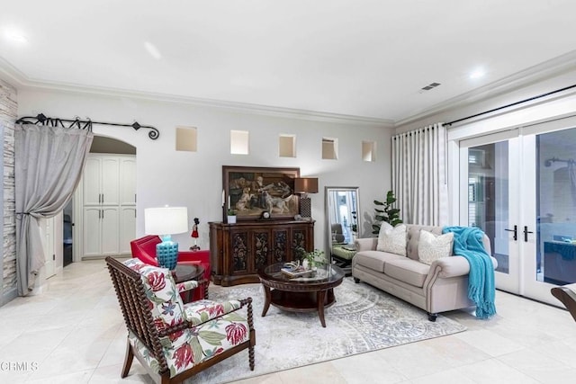 13115 Monarch Palm Ave, Bakersfield, CA 93314 - living room with french doors, crown molding, arched walkways, and light tile patterned floors