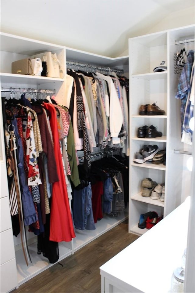 23266 Via Ronda, Mission Viejo, CA 92691 - walk in closet featuring wood finished floors and vaulted ceiling