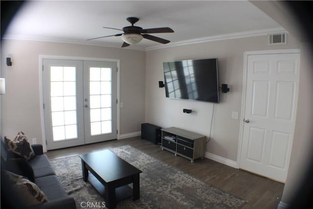 23266 Via Ronda, Mission Viejo, CA 92691 - living room with french doors, ceiling fan, ornamental molding, and wood finished floors