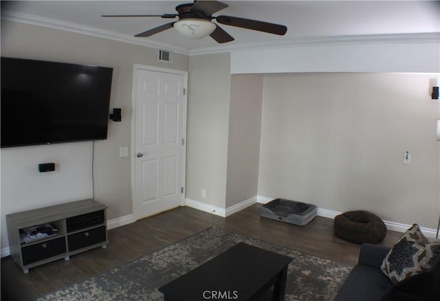 23266 Via Ronda, Mission Viejo, CA 92691 - living area featuring a ceiling fan, wood finished floors, and ornamental molding