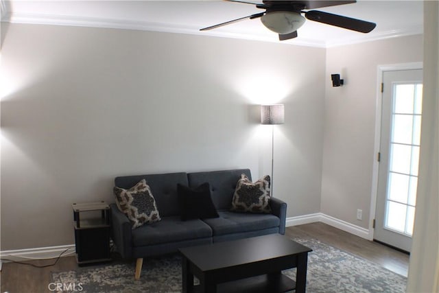 23266 Via Ronda, Mission Viejo, CA 92691 - living area with ornamental molding, a ceiling fan, and wood finished floors