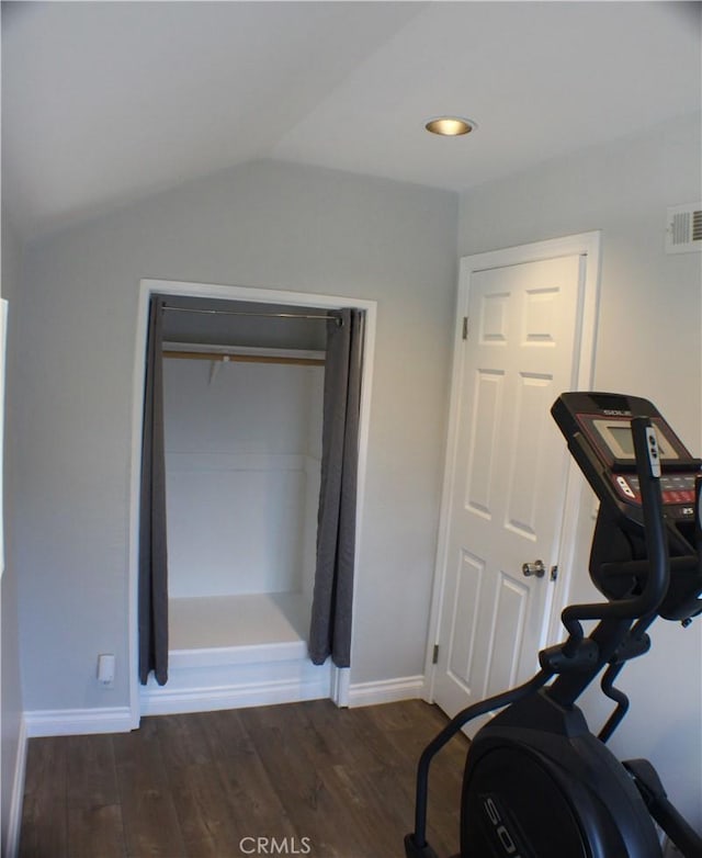 23266 Via Ronda, Mission Viejo, CA 92691 - workout room featuring wood finished floors and lofted ceiling