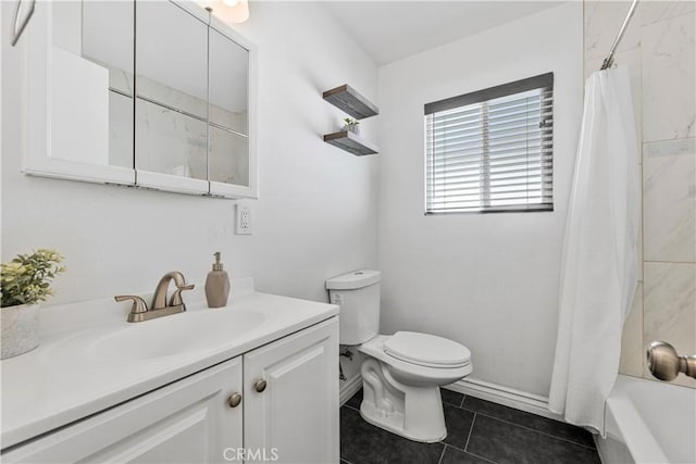 455 E Wilson St, Rialto, CA 92376 - bathroom with vanity, tile patterned floors, and shower / tub combo with curtain