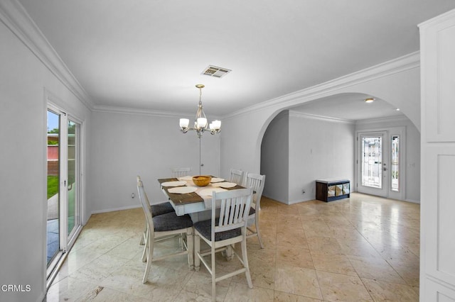 6552 Neddy Ave, West Hills, CA 91307 - dining space featuring arched walkways, healthy amount of natural light, a chandelier, and ornamental molding