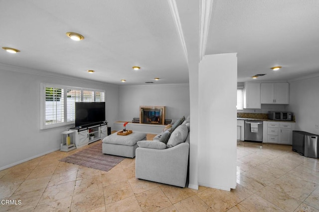 6552 Neddy Ave, West Hills, CA 91307 - living area featuring ornamental molding, healthy amount of natural light, and a glass covered fireplace