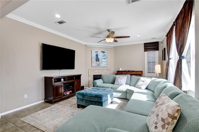 11543 Sky Pointe Dr, Desert Hot Springs, CA 92240 - living area featuring crown molding, ceiling fan, and recessed lighting