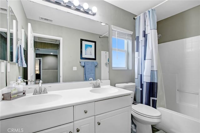 11543 Sky Pointe Dr, Desert Hot Springs, CA 92240 - bathroom featuring double vanity and shower / tub combo with curtain
